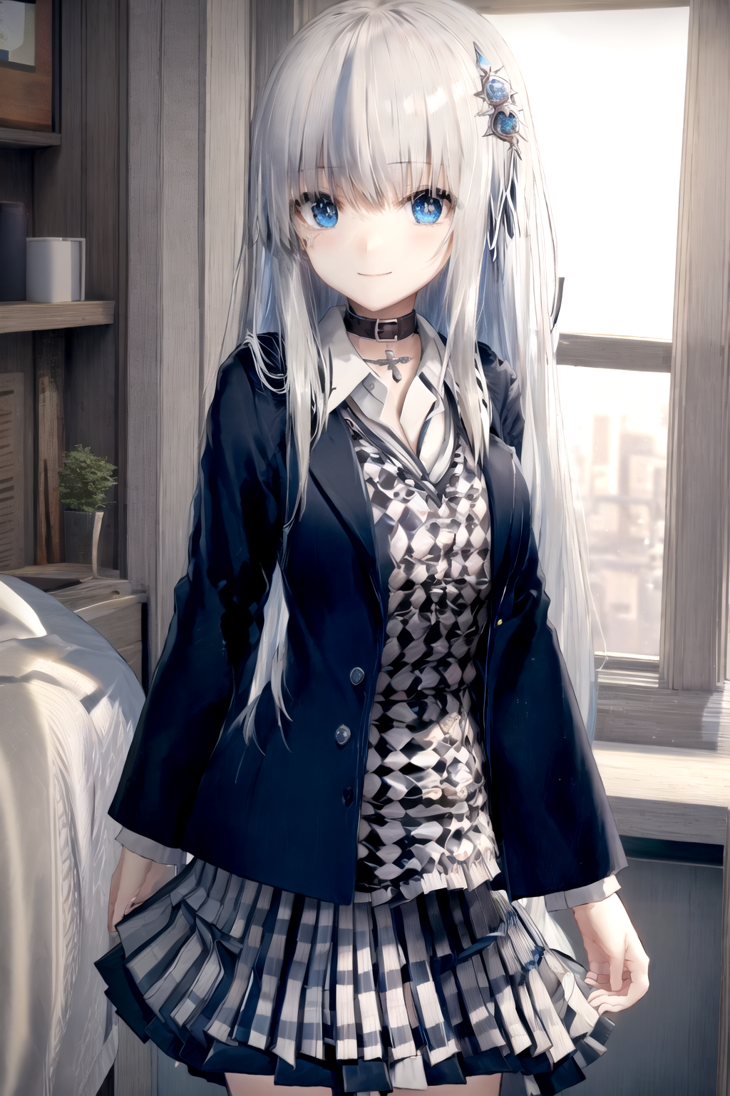 29893-3861965009-rei_hatada, cowboy shot, looking at viewer, hair ornament, large breasts, indoors, bedroom, smile, blue eyes, white hair, checke.png